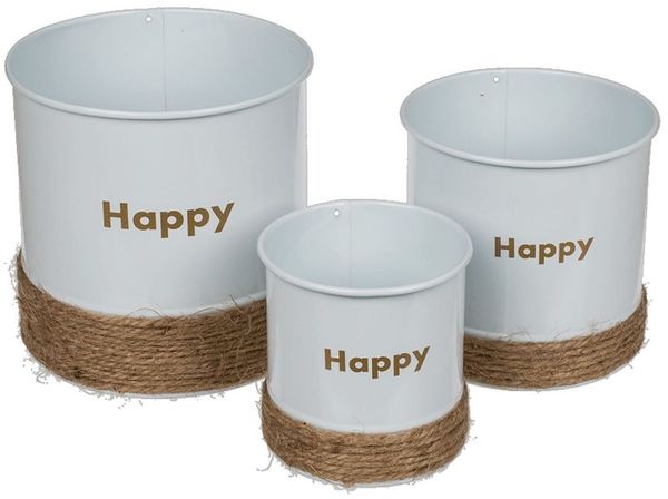 Drei Blumentöpfe aus Metall in weiß Ø ca. 12, 10 und 8cm mit Jutedeko Metalltöpfe Happy