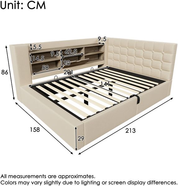 Merax Polsterbett 140x200 cm Doppelbett mit LED-Beleuchtung, hydraulischem Stauraum, L-förmigem Kopfteil mit Stauraum, beidseitig montierbar, Leinen, Beige (Ohne Matratze) Bild 4