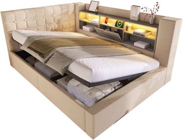 Merax Polsterbett 140x200 cm Doppelbett mit LED-Beleuchtung, hydraulischem Stauraum, L-förmigem Kopfteil mit Stauraum, beidseitig montierbar, Leinen, Beige (Ohne Matratze) Bild 10
