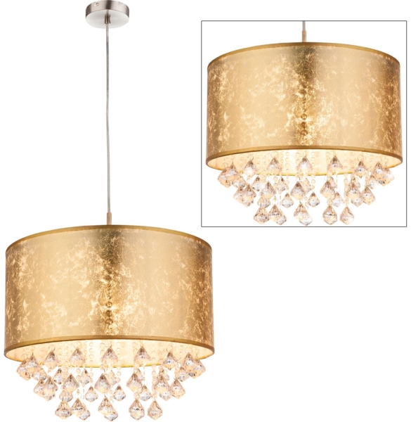 Hängeleuchte, Kristalle, Textilschirm, gold, H 140 cm, AMY