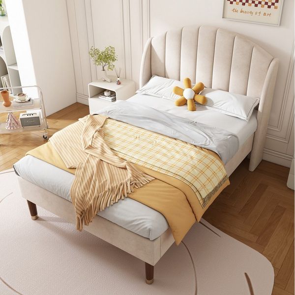 BlingBin Polsterbett Jugendbett Bettgestell mit Lattenrost und Kopfteil (1er Set, 1-tlg, 90*200cm, Ohne Matratze, Max Belastbarkeit: 150kg), Einzelbett Holzlattenunterstützung, Einfache Montage, Samt, Beige