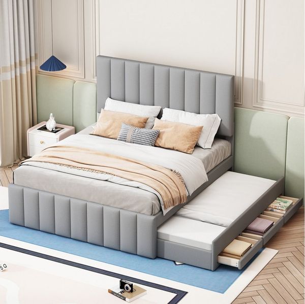 BlingBin Polsterbett Jugendbett mit Ausziehbett und 3 Schubladen (1-tlg, 140 x 200 cm), Hautfreundliche Leinenpolsterung, Kinderbett, Gästebett
