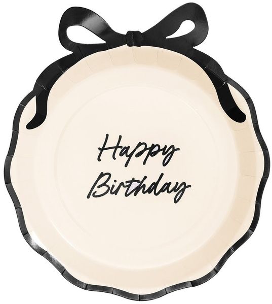 partydeco Einwegteller, Pappteller Happy Birthday 24cm mit Schleife 6er Set Ivory / Schwarz