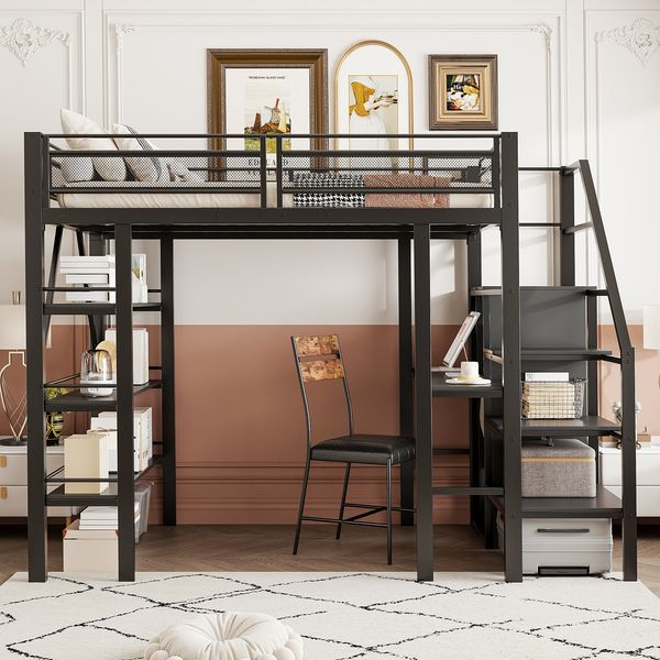 Bett 140x200 cm mit Stauraum und Schreibtisch – Hochbett aus Metall in Schwarz, ohne Matratze