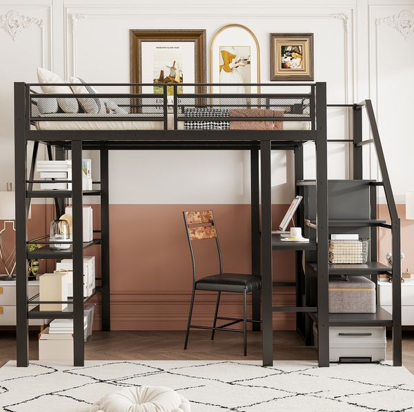 Bett 140x200 cm mit Stauraum und Schreibtisch – Hochbett aus Metall in Schwarz, ohne Matratze