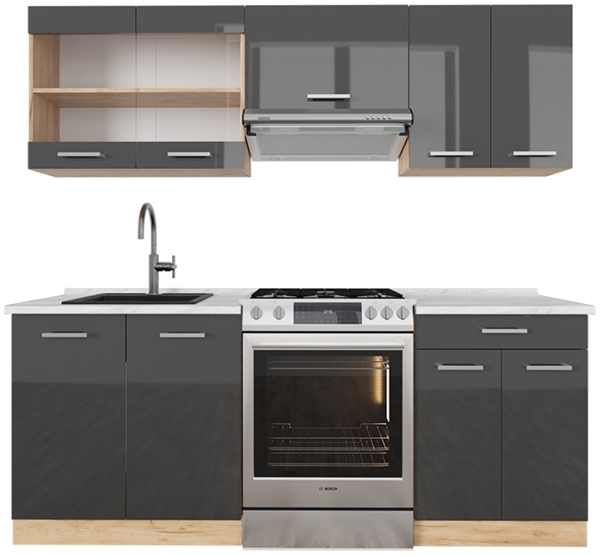 Küchenzeile R-Line Anthrazit Hochglanz/Goldkraft Eiche 200 cm , AP Marmor Vicco