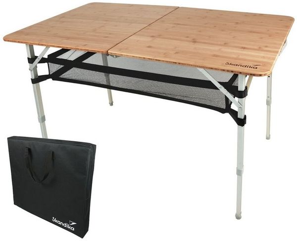 Skandika Campingtisch Tolja Bambus Falttisch mit Netzablage, 3-Fach höhenverstellbar (Netzablage (Klettbefestigung), Verstellbare Füße, 652615+66), Tragetasche, wetterfest, UV-beständig, Klapptisch für Garten, Balkon