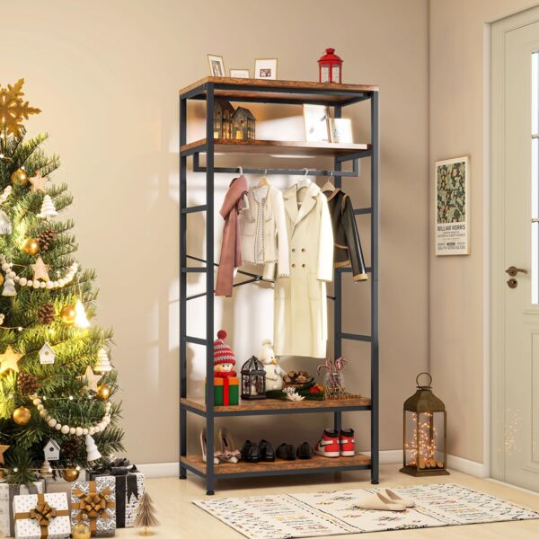 YITAHOME Garderobenständer, Hoher Garderobe, Industrieller Garderobenständer mit 4 Ablagen, Bodenstehende Kleiderstange mit Schuhablage, Kleiderständer für Flur, Wohnzimmer, Vintagebraun