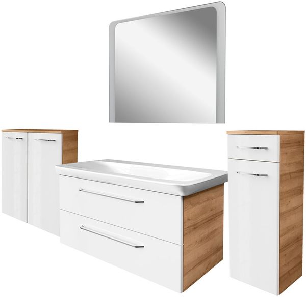 FACKELMANN MILANO Badmöbel Set 5-teilig 107 cm breit, Weiß/Braun hell, Waschbecken Keramik Weiß + LED Spiegel + Doppel Midischrank + Midischrank