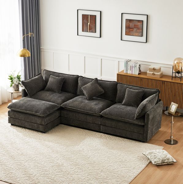 Ecksofa Chenille mit beweglichem Hocker, 283x147x84 cm, Dunkelgrau