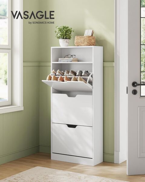 Vasagle Schuhschrank 3 Klappen, Holzspanplatte Wolkenweiß, 24 x 60 x 139 cm