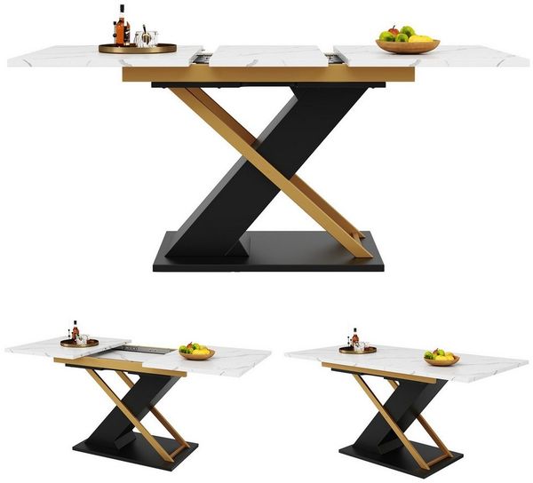 BlingBin Esstisch Ausziehtisch Teleskoptisch Küchentisch mit Goldenen Kreuzbeinen (1er Set, 1-St, Produktgröße: 120-160*80*75.4cm, Tragendes Gewicht: 60kg/Tisch), Küchen-Wohnzimmertisch in Marmoroptik für Küche und Wohnzimmer