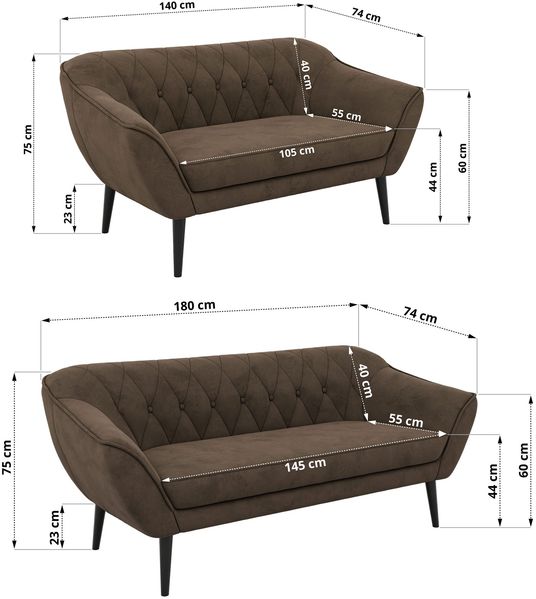 Skandinavisches Sofa Set PIRS 3-2, Komplettset, Wellenfederung, schwarze Füße, Sitzgruppe, Polstermöbel Set - Braun Velvet Bild 5