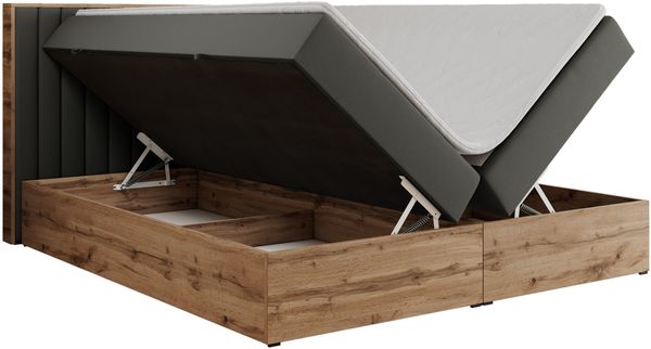 Boxspringbett mit dekorativem Kopfteil und zwei Bettkästen, Eiche Holzrahmen - ALBERO 4 - 180x200 cm - Grau Kunstleder - H3 Bild 5