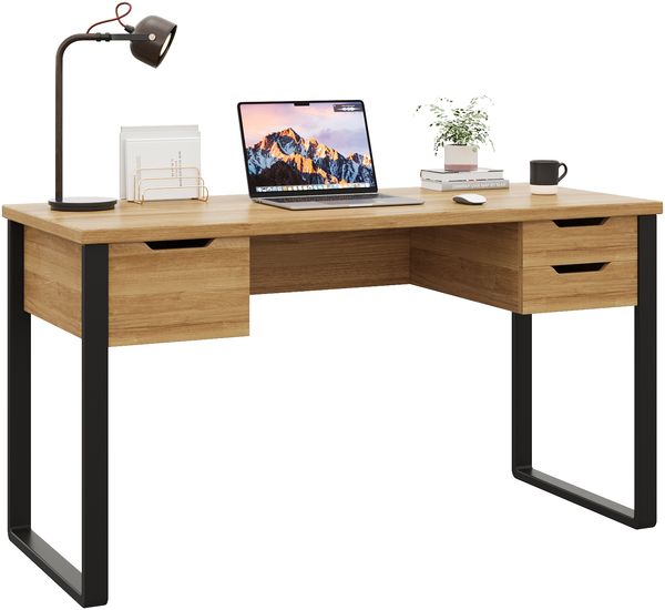 Flieks Schreibtisch 130x55x76cm, Computertisch aus MDF & Metall, Melamin-Tischplatte, 3 Schubladen, U-förmige Metallbeine, Naturholz/Schwarz