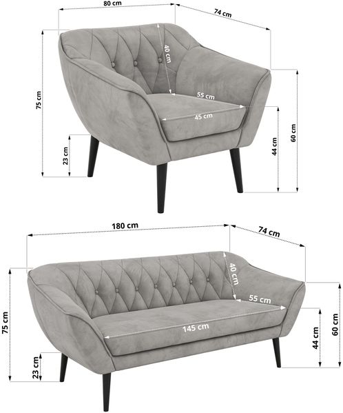 Wohnzimmerset, Möbelset PIRS 3-3-1, Armlehnen, Wellenfederung, schwarze Füße, Dreisitzer Sofas mit Sessel, Polstermöbel Set - Hellgrau Velvet Bild 5