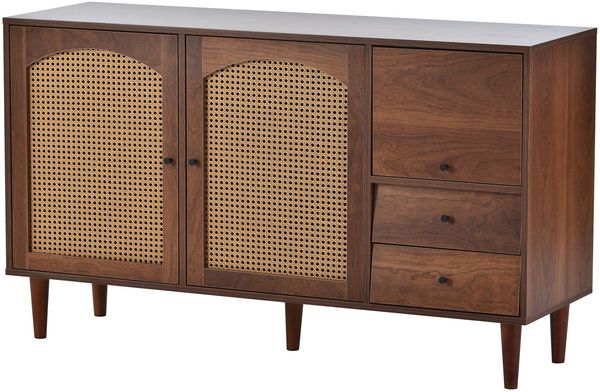 Merax Sideboard Buffet Rattan mit 3 Türen und 2 Schubladen, Antik,Landhaus Stil, Kommode aus Holz und Rattan