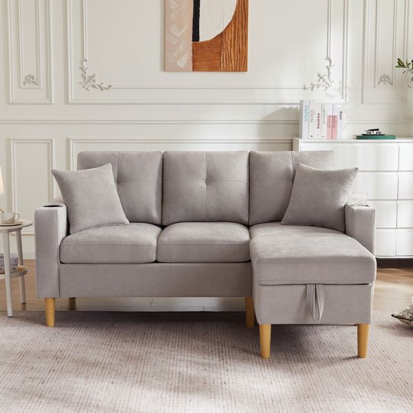 Ecksofa 175x129x90 cm in Hellgrau, Baumwoll-Leinen, mit Stauraum, Seitenfächern und 2 Kissen