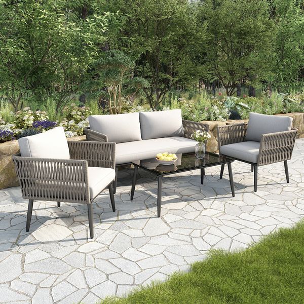 Merax Gartenlounge-Set 4-tlg. aus Seil, Gartenmöbelset Balkonmöbelset 4 Sitzer, Tisch mit Glasplatte, Gartengarnitur Sitzgarnitur Sitzgruppe, Grau