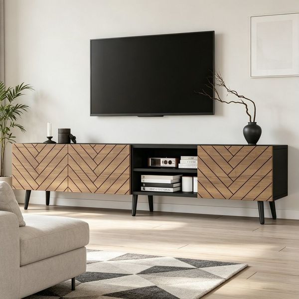 BlingBin Lowboard TV Schrank 180 cm mit Fischgrätenfront, offenem Mittelfach (Fernsehschrank, 1 St, TV Lowboard 180 x 33,5 x 45 cm), TV-Schrank in Holzoptik/Schwarz, für Fernseher bis 75 Zoll