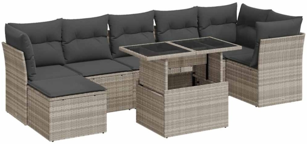 vidaXL 8-tlg. Garten-Sofagarnitur mit Kissen Hellgrau Poly Rattan 3326203