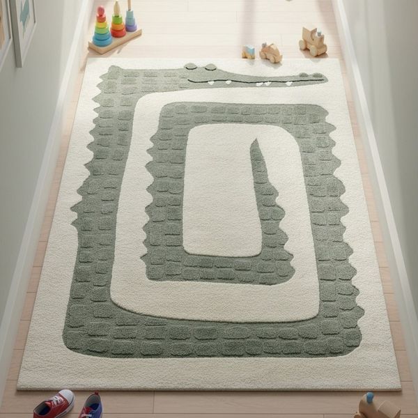 TeppichHome24 Kinderteppich Kinderteppich Krokodil Grün Creme pflegeleicht weich robust, rechteckig, Höhe: 14 mm
