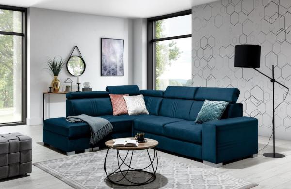 Ecksofa Schlafsofa NOLAN inkl. USB in Stoff Element Blau Ottomane Links