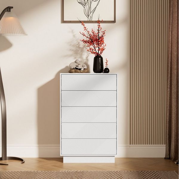 UEV Kommode mit 5 Schubladen, Sideboard, Schubladenschrank, Schmal kommode (Sideboard für Wohnzimmer Schlafzimmer Büro Flur, Aufbewahrungsschrank mit Kisppschutz mehrzweckschrank), Drucköffner/ Push to open Schubladen Aufbewahrungskommode