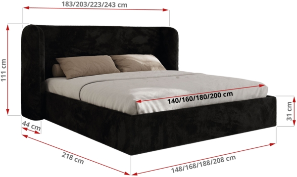 Polsterbett Bett mit Holzlattenrost Schlafzimmer Bett Doppelbett gepolstertes Kopfteil - EMORA CLASSIC - 140x200 cm - Schwarz Plüsch Bild 7