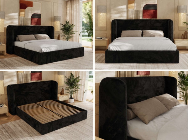 Polsterbett Bett mit Holzlattenrost Schlafzimmer Bett Doppelbett gepolstertes Kopfteil - EMORA CLASSIC - 140x200 cm - Schwarz Plüsch Bild 2