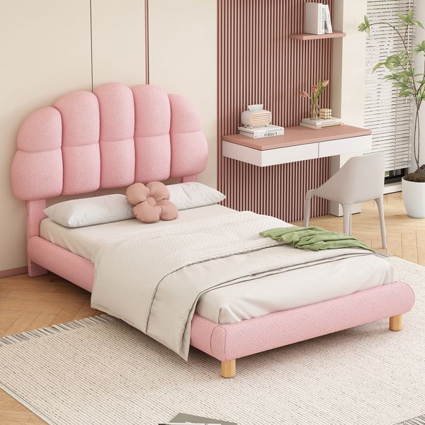 Polsterbett 90x200 cm aus Samt mit höhenverstellbarem Kopfteil – Kinder- und Jugendbett in Rosa
