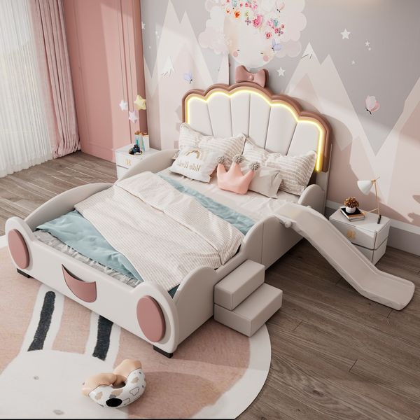 Kinderbett 140x200 Rosa Weiß mit LED Licht und Rutsche – Cartoon Schmetterlingsbett,mit Farbwechselbeleuchtung und Stufen