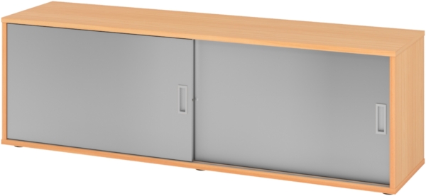 bümö Lowboard Schiebetürenschrank in Buche/Silber - Büromöbel Sideboard aus Holz, 160 cm breit, Büroschrank nur 40 cm schmal, Büro Schrank mit Schiebetüren für Ordner & Co, 1750S-6-S