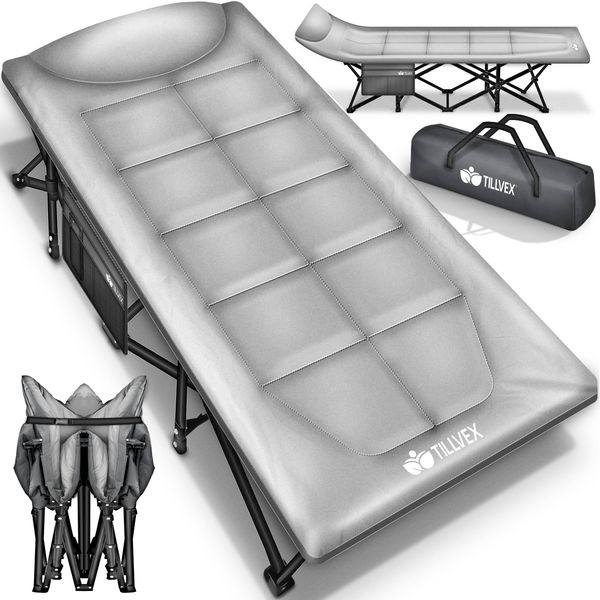 tillvex® Campingbett Grau 210 x 80 x 40 cm klappbar mit Tragetasche bis 280 kg | Campingliege extra breit | Feldbett Karpfenliege für Outdoor & Indoor | Klappbett Gästebett faltbar Garten Camping Angeln Festival Reise