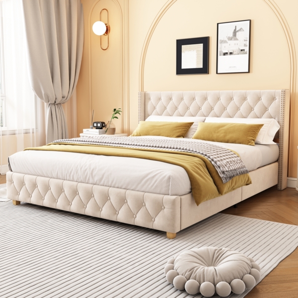 Knopf-Tufting Polsterbett aus samtigem Stoff, 160x200 cm, Hellbeige, ohne Matratze