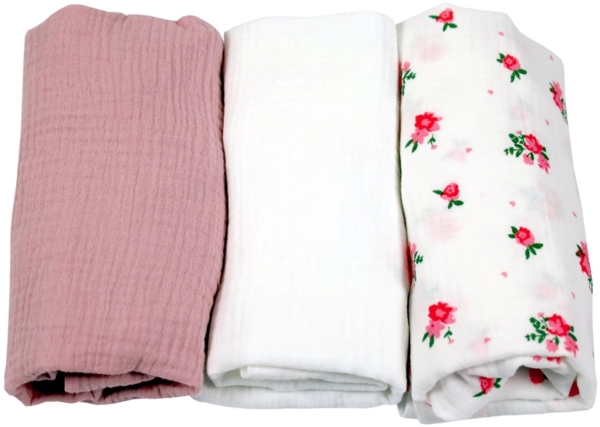 BabyLux Spannbettlaken Musselin Set – 3er Pack 40x80 cm für Kinderwagen Stubenwagen Babybett, Gummizug: ja, z13 Rosa-Weiß-Rosen