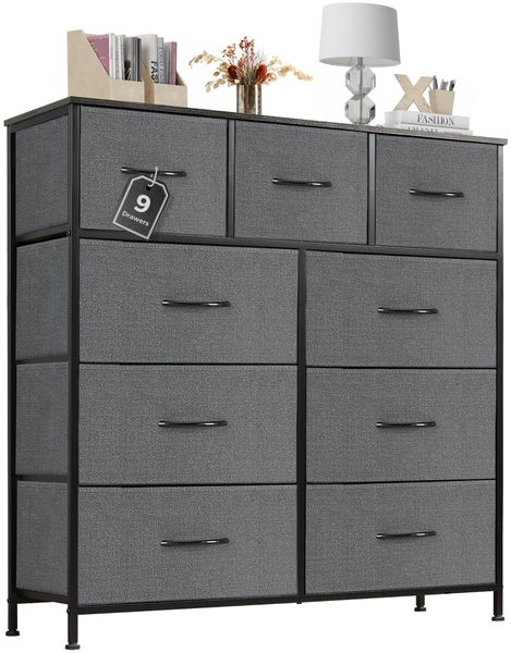 Sweetcrispy Kommode mit Stoff-Schubladen, Sideboard mit 9 Stoff-Schubladen, Schubladenschrank, Organisationsmöbel für Küche, Büro, Flur, TV-Schrank mit Schubladen, Grau