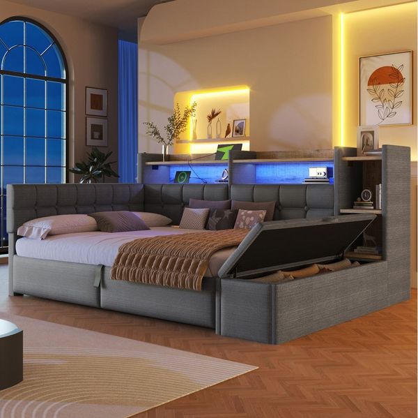 Merax Daybett mit LED Lichtleiste, USB, Typ-C & Bettkasten, Samt (Schlafsofa Sofabett Jugendbett Kinderbett Doppelbett, 1 tlg), Tagesbett 140x200 cm mit hydraulischem Stauraum,Ablagefach,Stauraumbank
