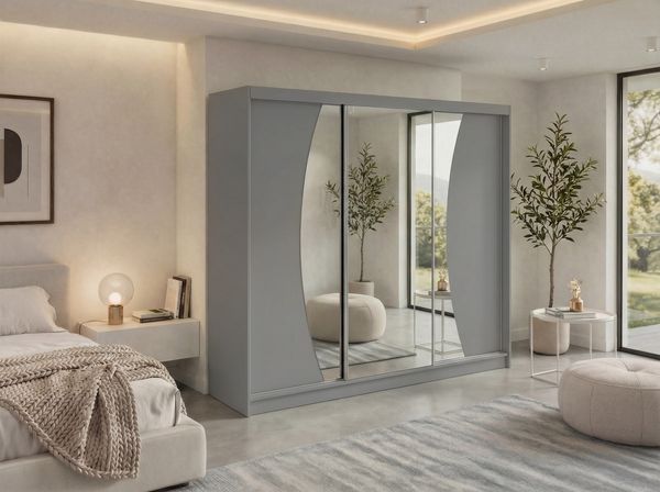 Schwebetürenschrank VERONA mit großer Spiegelfront, moderner Kleiderschrank, Breite 240 cm - Grau, inkl. Innenausstattung - mit Schubladen