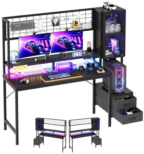 HOMALL Gamingtisch Gaming Schreibtisch mit USB-Steckdose & RGB LED (mit Monitorständer & Vitrine, mit 2 Schubladen, Ergonomischer Computertisch mit Stromleiste, 120/140cm Schreibtisch für Gaming & Homeoffice, Schwarz)