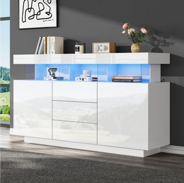 STILVORA Sideboard wohnzimmer weiß,140cm Acryl-Sideboard Küche mit 16-farbigem LED-Licht (Kaffeebar, Kommode, Mehrzweckschrank, 1 St, Spanplatte+Acryl), Hochglanz Bild 5