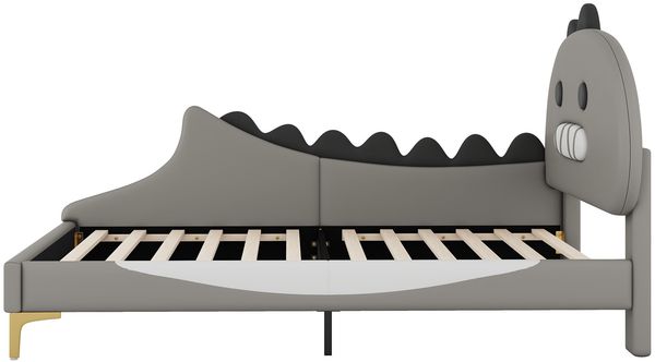 Kinderbett, PU mit Dinosaurier-Kopfteil & Lattenrost, 90x200 cm, Grau, ohne Matratze Bild 7
