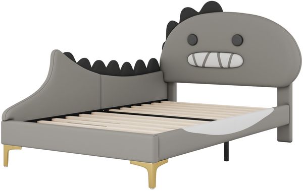 Kinderbett, PU mit Dinosaurier-Kopfteil & Lattenrost, 90x200 cm, Grau, ohne Matratze Bild 4