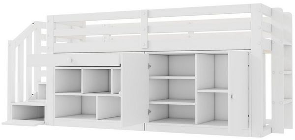 KLAM HOME Hochbett Multifunktionales Kinderbett aus Holz mit Treppe und Stauraum 90*200 Treppen/Schränke links und rechts austauschbar, weiß