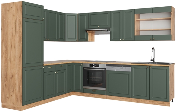 Eckküche Fame-Line Grün-Gold Landhaus/Goldkraft Eiche 227 x 60 cm , AP Eiche Vicco