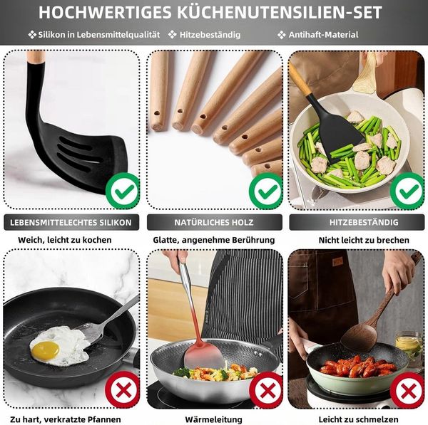 Rhein Beleuchtung Kochbesteck-Set Schwarzer Holzgriff Silikon Küchenutensilien Set 43 Teile (43-tlg, kochlöffel set, küchenhelfer, küchenutensilien), Lebensmittelechtes Silikon, Holzgriff für einfache Lagerung Bild 3