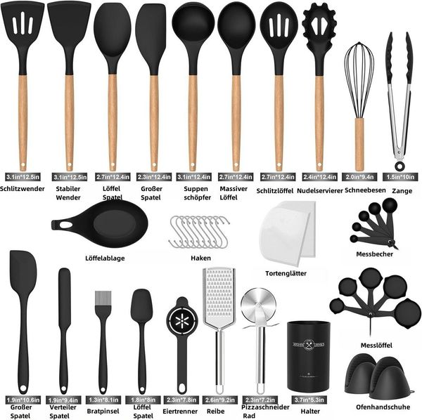 Rhein Beleuchtung Kochbesteck-Set Schwarzer Holzgriff Silikon Küchenutensilien Set 43 Teile (43-tlg, kochlöffel set, küchenhelfer, küchenutensilien), Lebensmittelechtes Silikon, Holzgriff für einfache Lagerung Bild 2