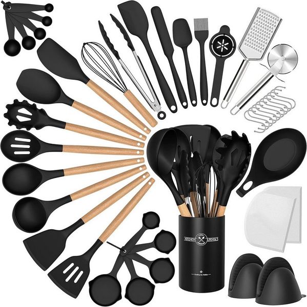 Rhein Beleuchtung Kochbesteck-Set Schwarzer Holzgriff Silikon Küchenutensilien Set 43 Teile (43-tlg, kochlöffel set, küchenhelfer, küchenutensilien), Lebensmittelechtes Silikon, Holzgriff für einfache Lagerung
