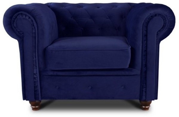 Sessel Chesterfield Asti - Couch, Couchgarnitur, Couchsessel, Loungesessel, Stühl, Holzfüße - Glamour Design, Velours (Dunkelblau (Velvet 86)) Bild 4