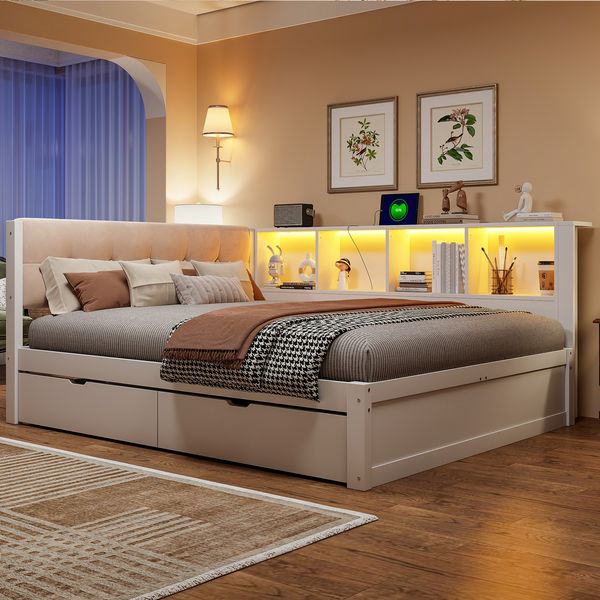Merax Daybett, Doppelbett, 140x200cm, Tagesbett, Schlafsofa, mit Schubladen, mit dimmbarer LED-Leiste, mit praktischem Regal, mit USB-Anschluss, Kiefernholz, Weiß